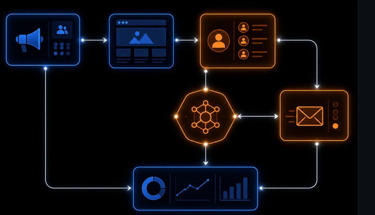 Automation workflow connecting ads, website, CRM, AI and email