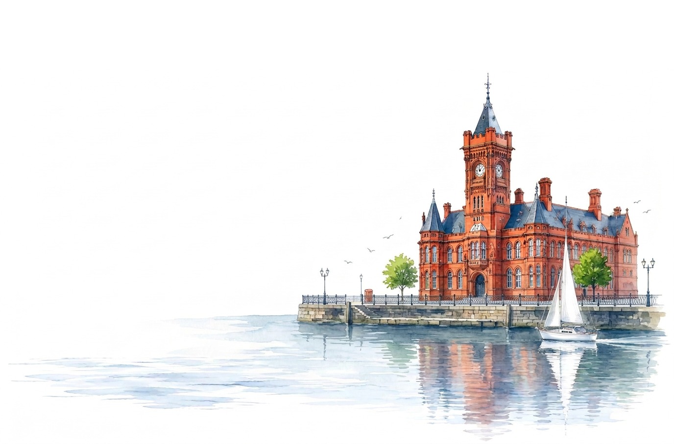 Watercolour illustration of Cardiff Bay with the red brick Pierhead building, trees and a sailboat on calm water