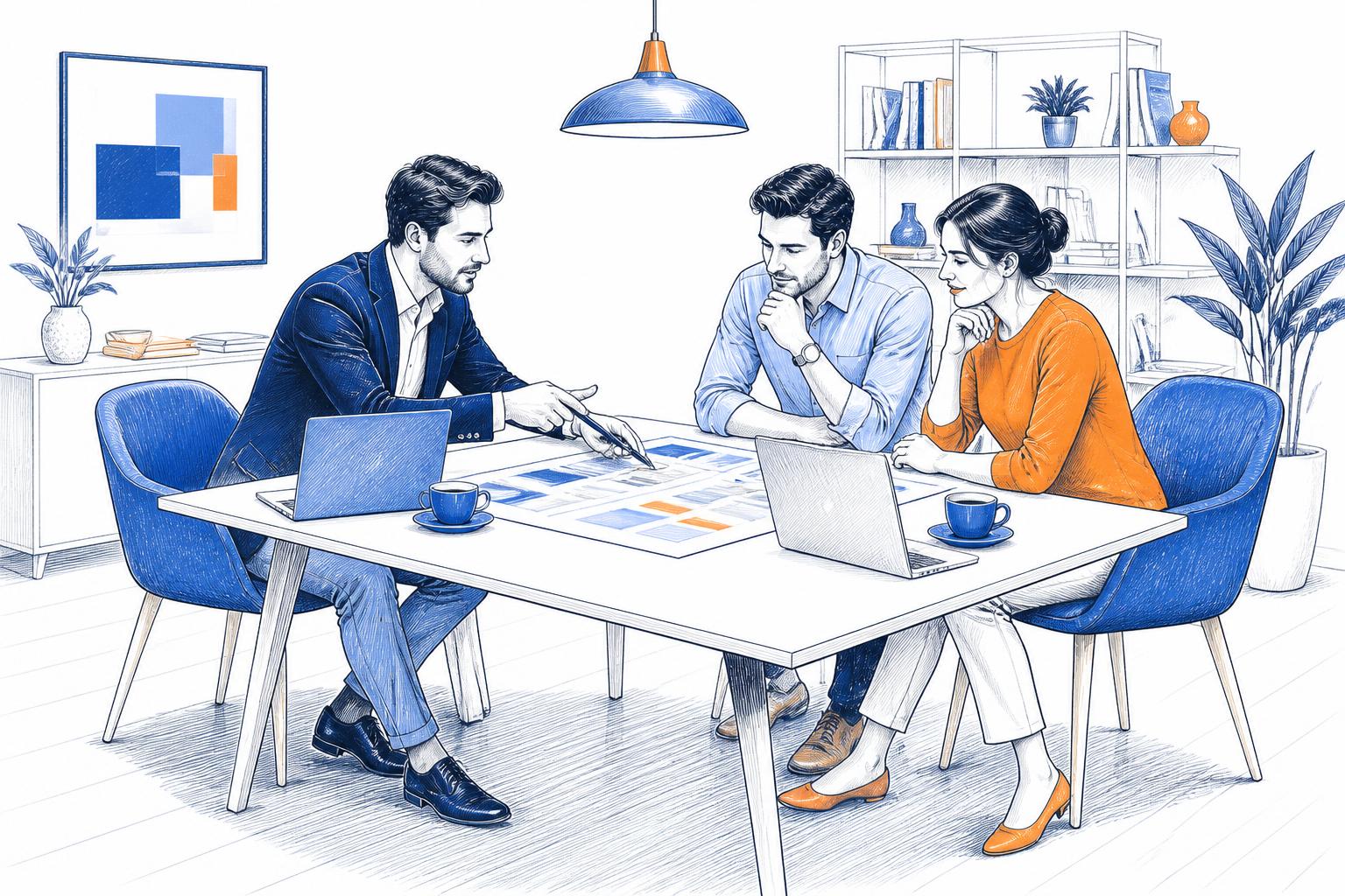 Illustration of a senior marketing review session